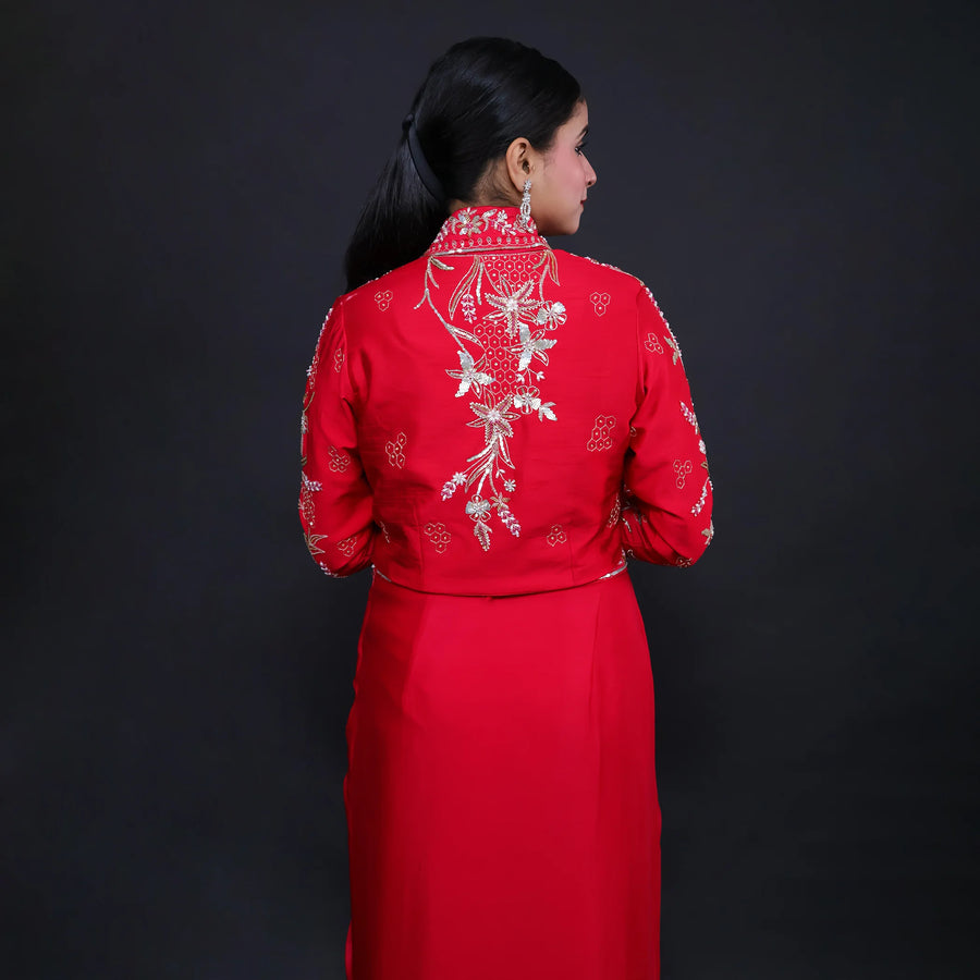 Stylish Crop Top with Dhoti Shrug Style Jacket- Vastrachowk