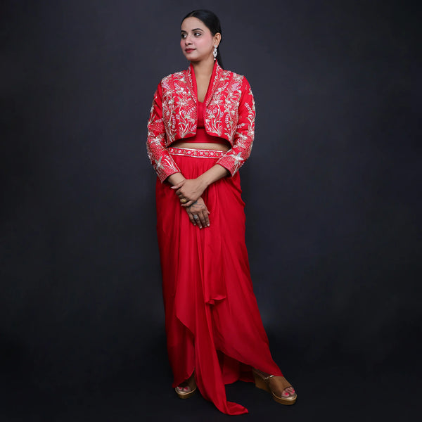 Stylish Crop Top with Dhoti Shrug Style Jacket