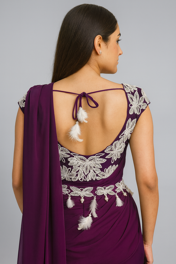 Stylish Drape Saree with Feathers back profile
