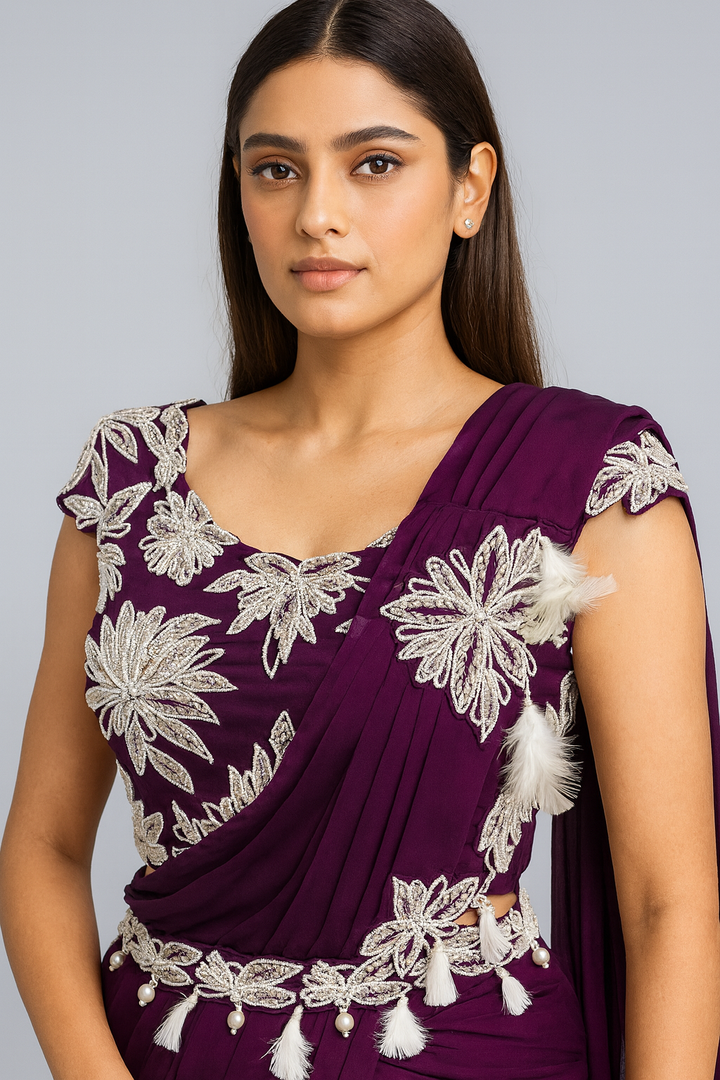 Stylish Drape Saree with Feathers close profile