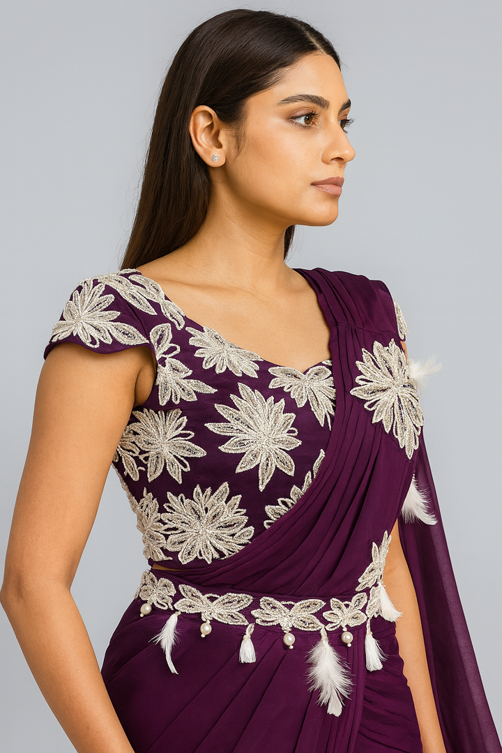 Stylish Drape Saree with Feathers side profile