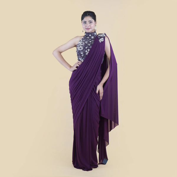 Stylish Halterneck Drape Saree