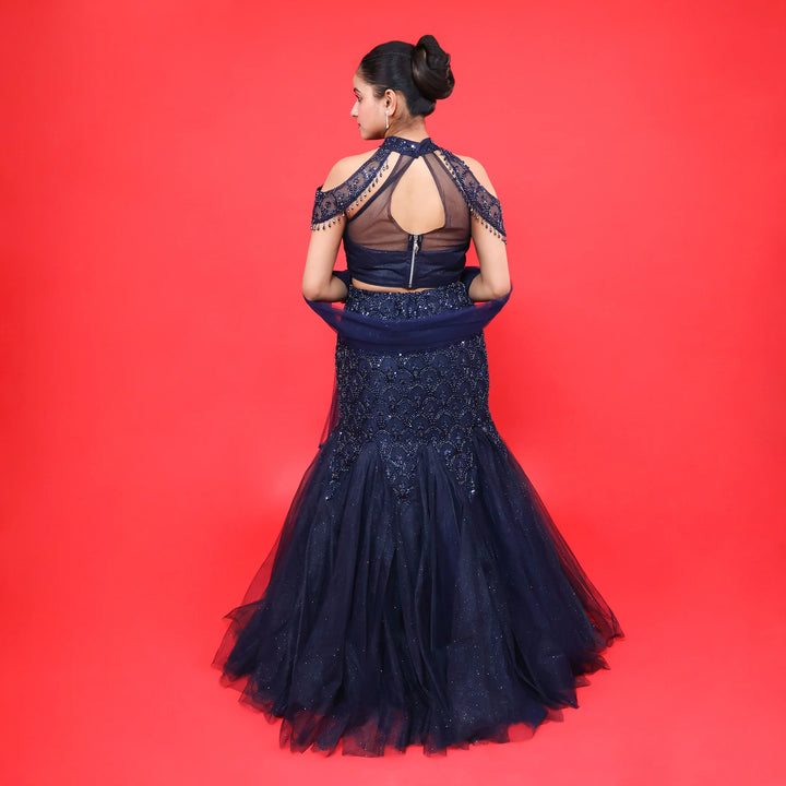 Stylish Navy Blue Fish Cut Lehenga- Vastrachowk