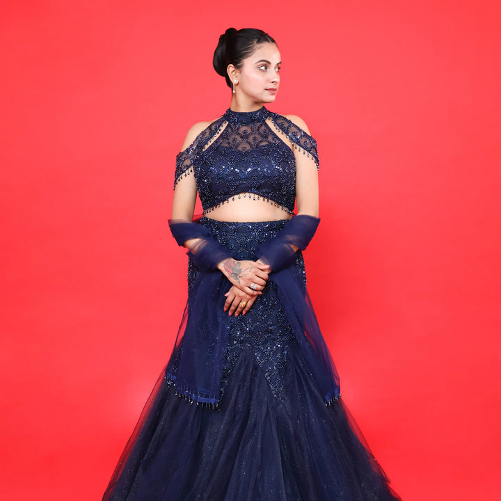 Stylish Navy Blue Fish Cut Lehenga- Vastrachowk