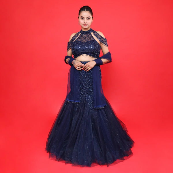 Stylish Navy Blue Fish Cut Lehenga