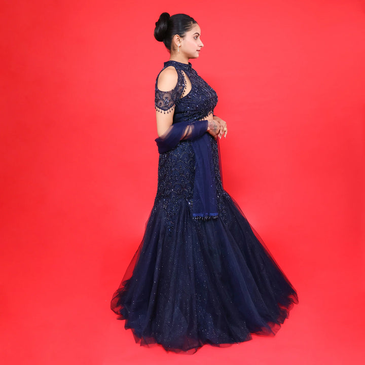 Stylish Navy Blue Fish Cut Lehenga- Vastrachowk