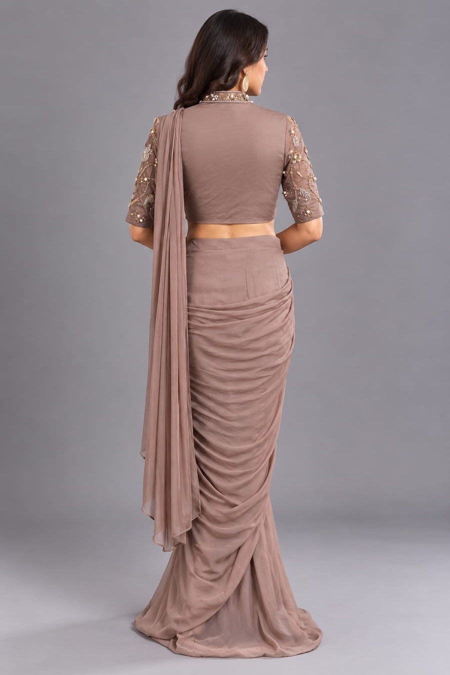 Taupe Embellished Drape Saree with Designer Blouse for Women Party Wear