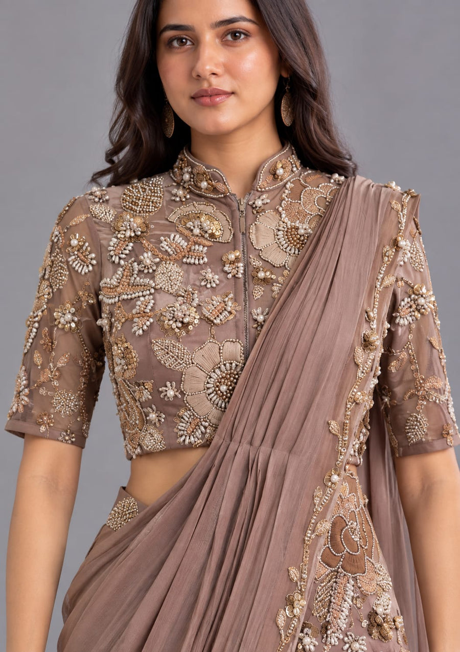 Taupe Embellished Drape Saree with Designer Blouse for Women Party Wear