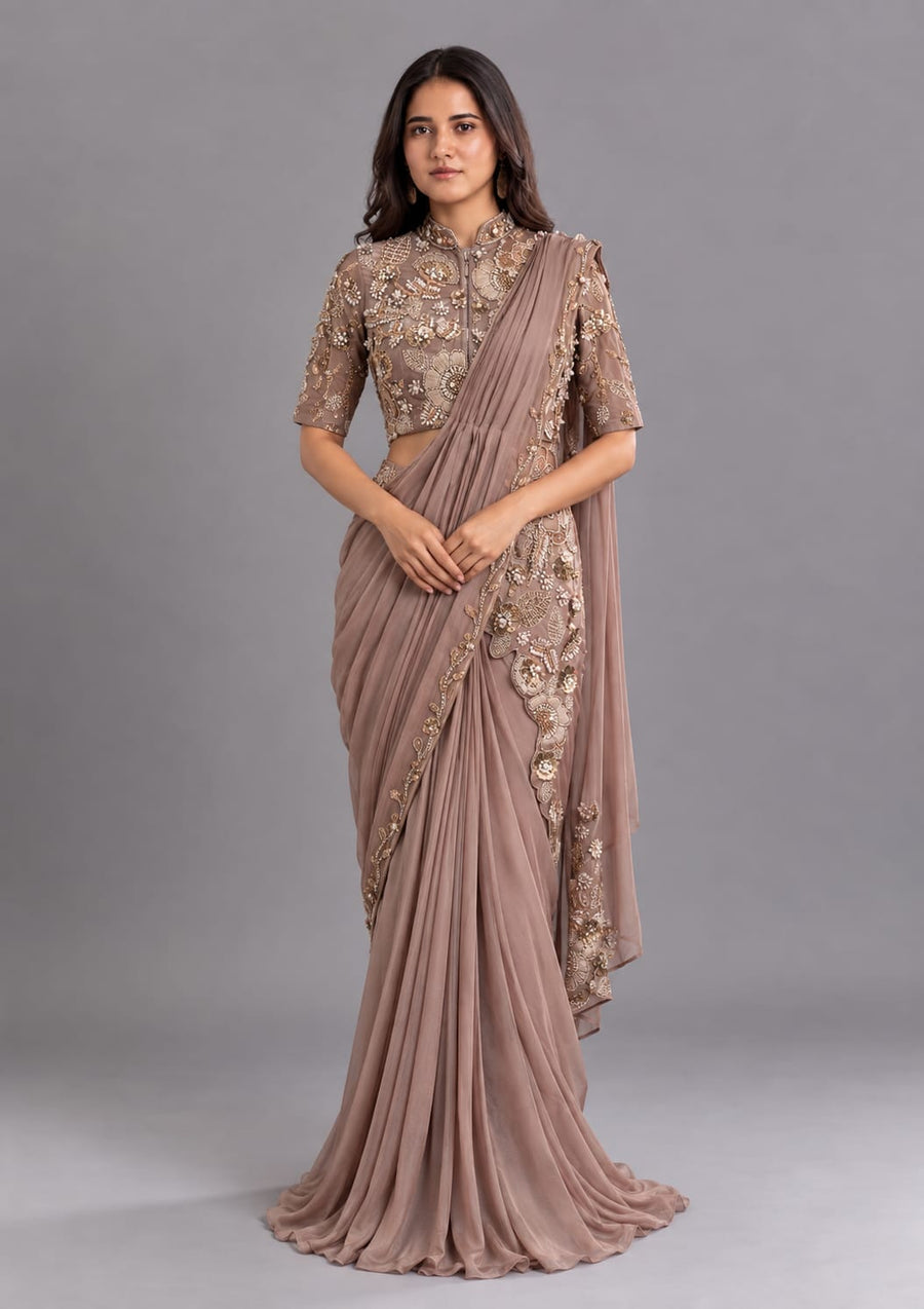 Taupe Embellished Drape Saree with Designer Blouse for Women Party Wear