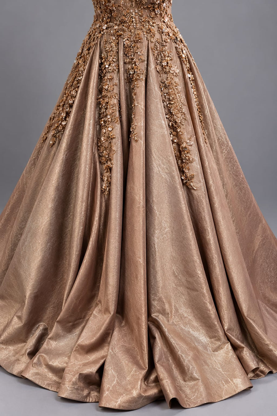 Taupe Gold Halter Neck Designer Gown with Floral Embroidery