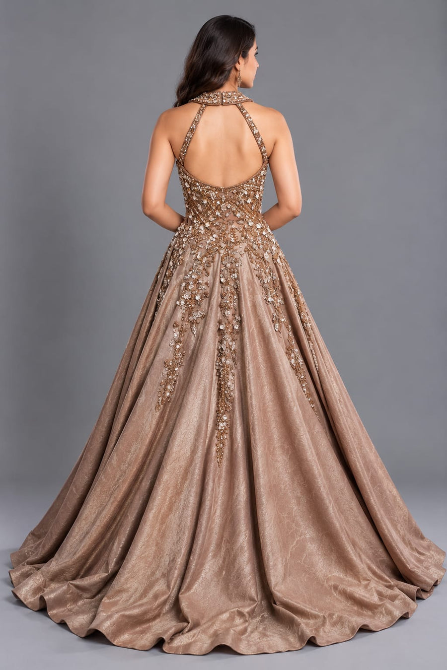 Taupe Gold Halter Neck Designer Gown with Floral Embroidery