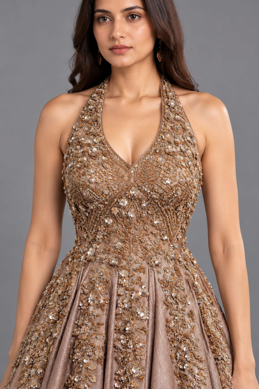 Taupe Gold Halter Neck Designer Gown with Floral Embroidery