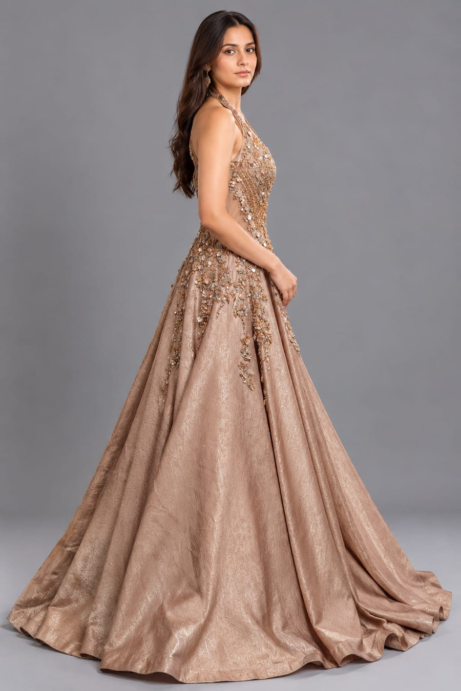Taupe Gold Halter Neck Designer Gown with Floral Embroidery