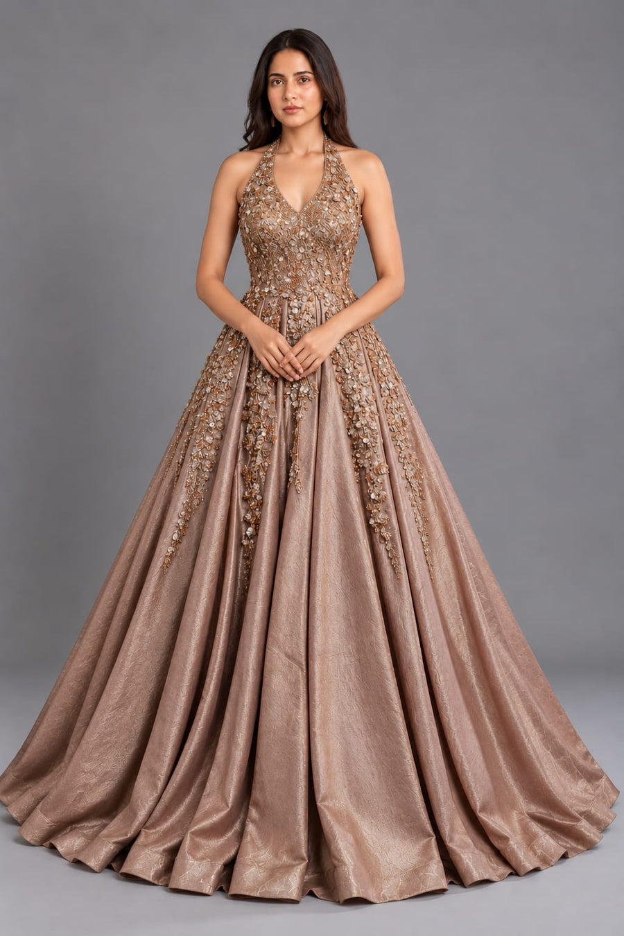 Taupe Gold Halter Neck Designer Gown with Floral Embroidery