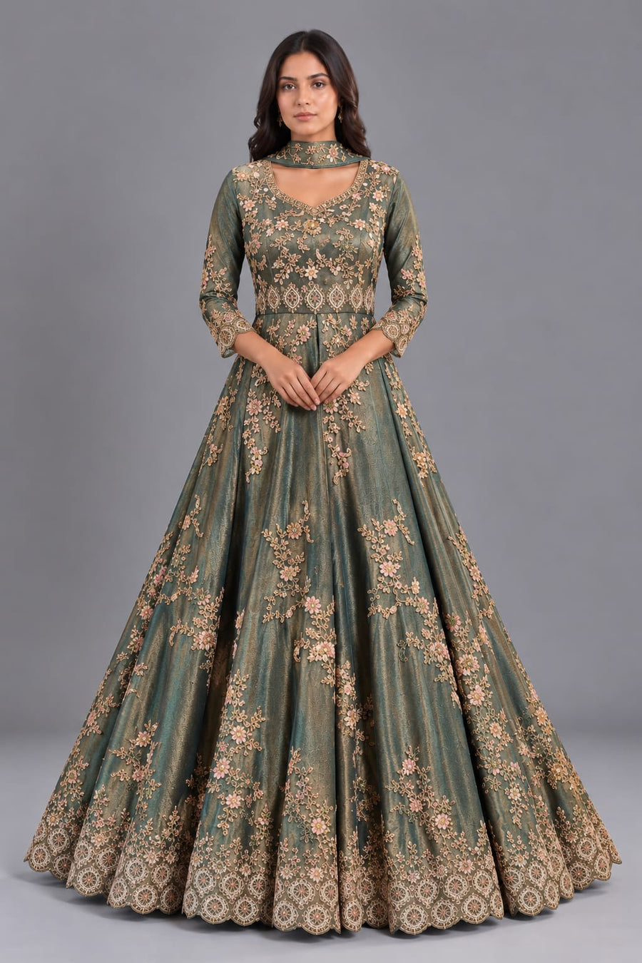 Teal Green Embroidered Indo Western Gown with Choker Dupatta for Women