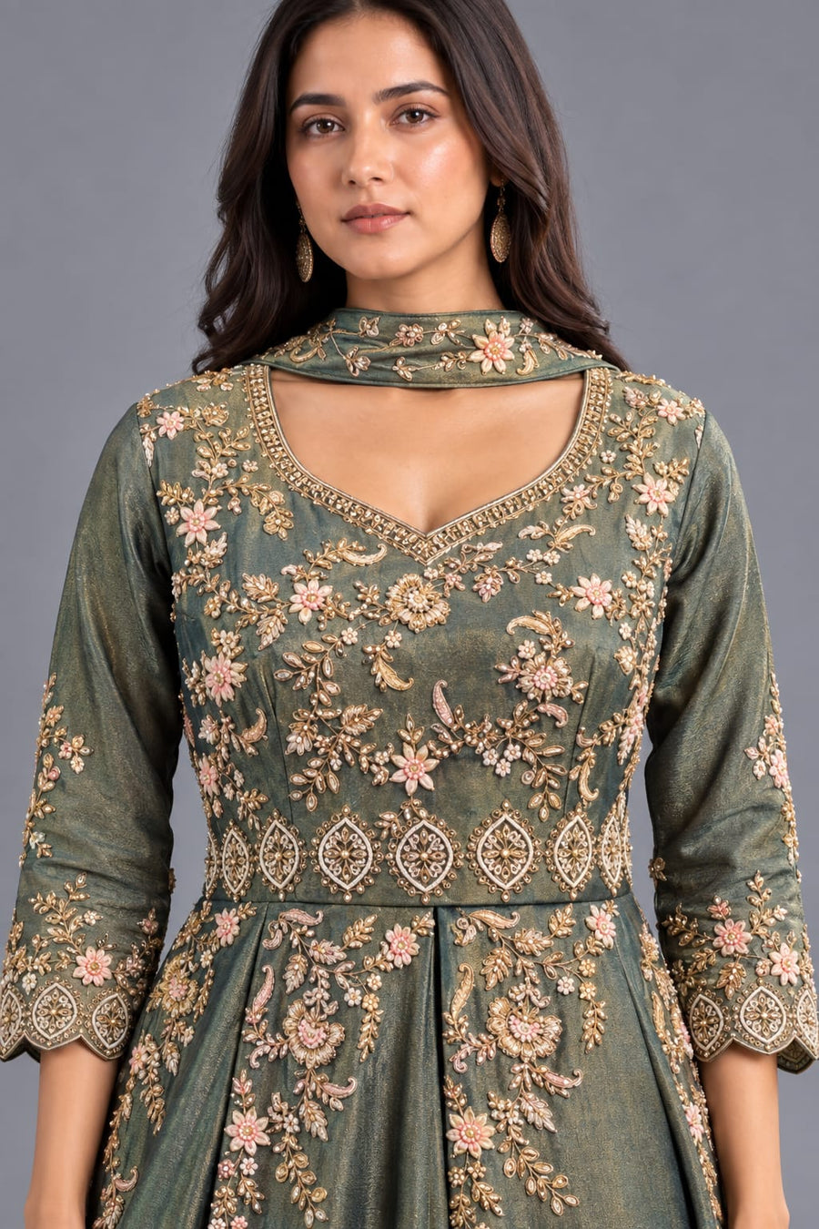 Teal Green Embroidered Indo Western Gown with Choker Dupatta for Women