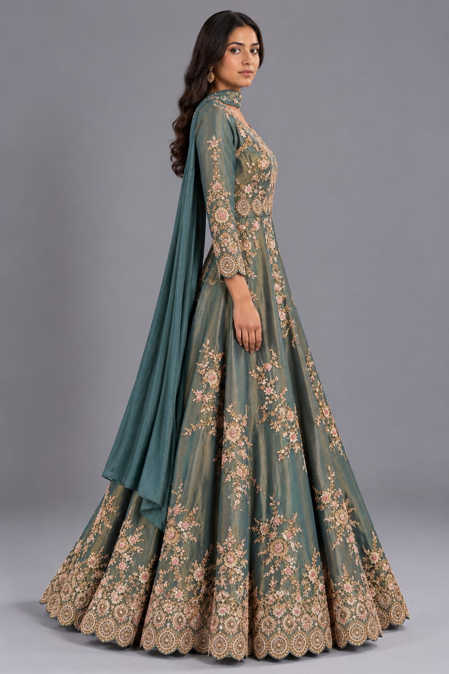 Teal Green Embroidered Indo Western Gown with Choker Dupatta for Women