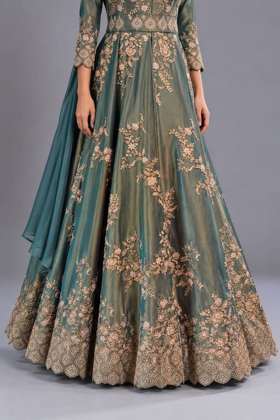 Teal Green Embroidered Indo Western Gown with Choker Dupatta for Women