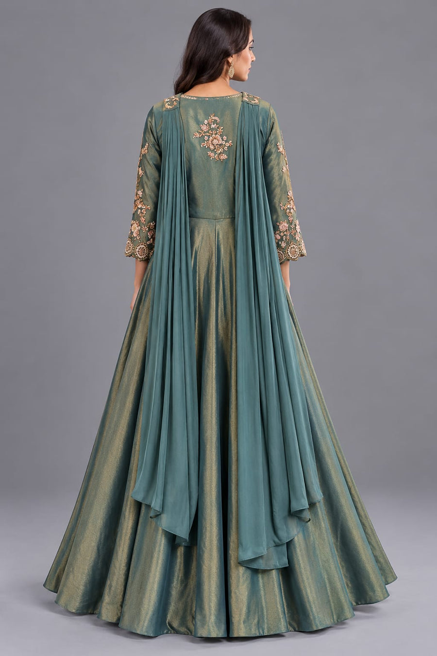 Teal Green Embroidered Indo Western Gown with Choker Dupatta for Women
