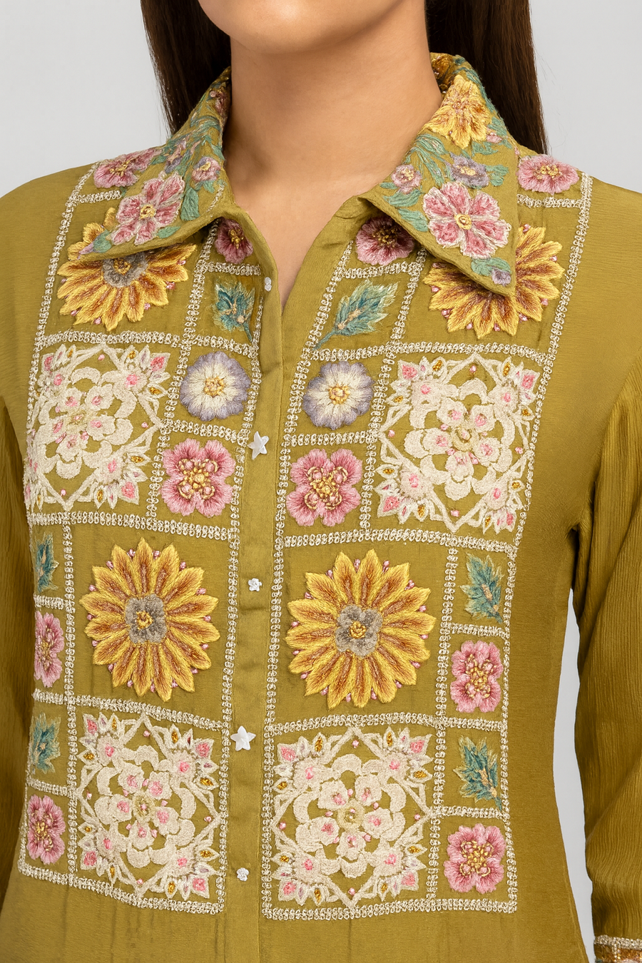 Thread Work Co-ord Set with Pants green front close profile