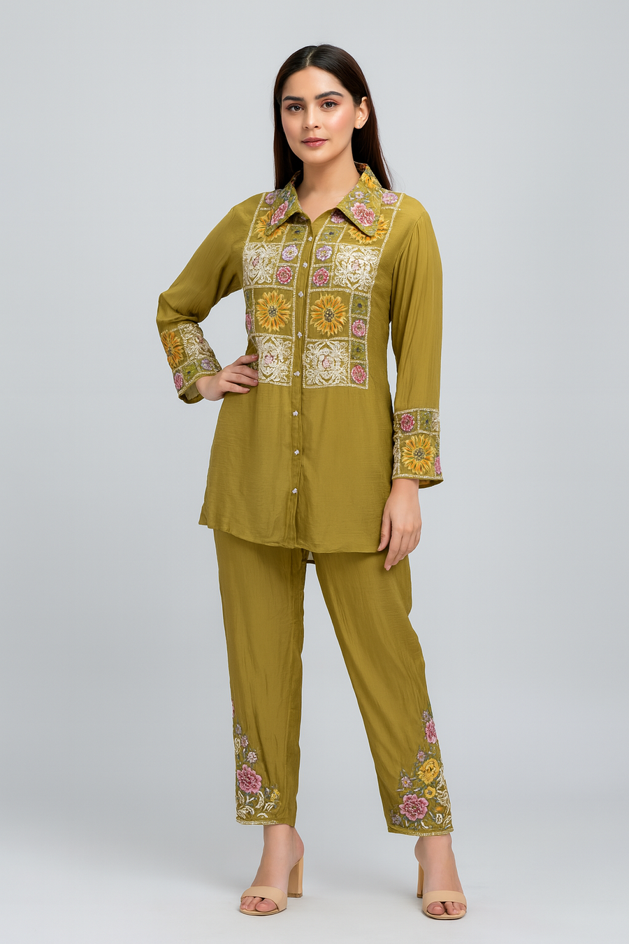 Thread Work Co-ord Set with Pants green front profile