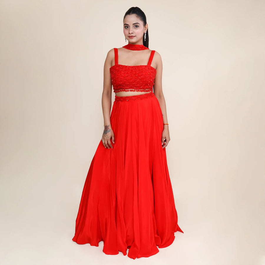 Trendy Crop Top Lehenga Set with Choker & Dupatta- Vastrachowk