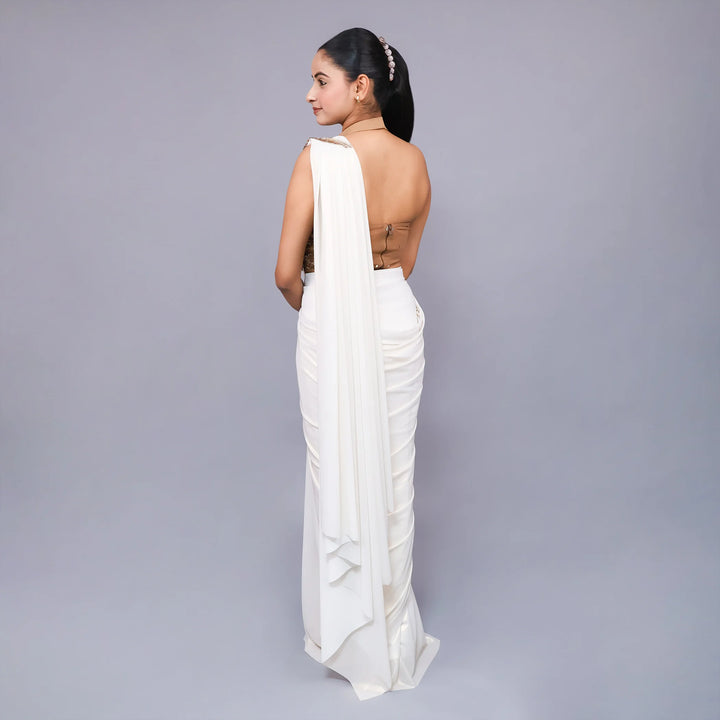 Trendy Halterneck Crop Top Drape Saree Vastrachowk