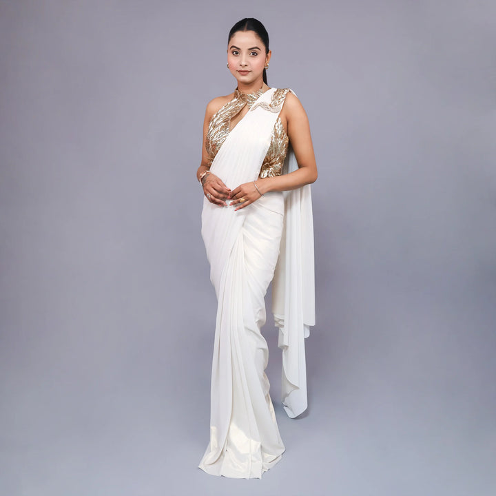 Trendy Halterneck Crop Top Drape Saree
