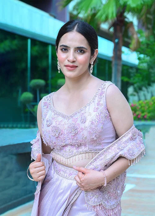 Vastrachowk Mauve pink Indowestern crop top skirt adorned shrug with drape