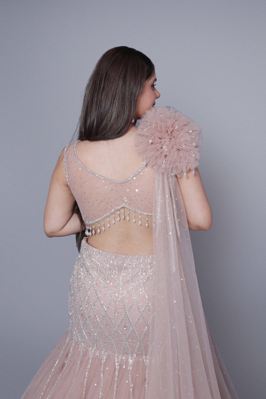 Western Crop Top Mermaid Lehenga back profile