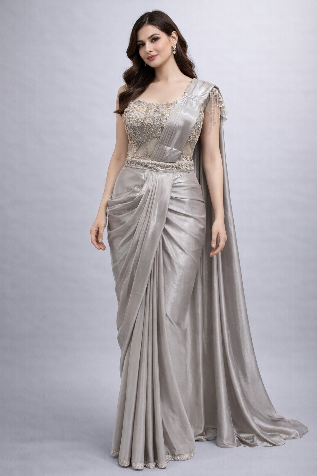 Metallic Silver Pre-Draped Saree