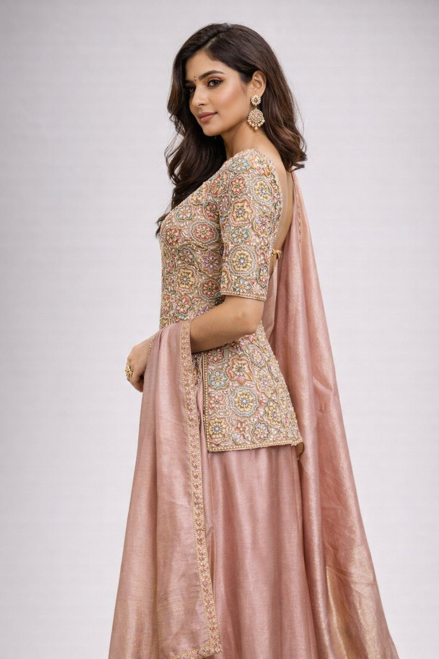 Dusty Rose Embroidered Peplum & Silk Skirt Set