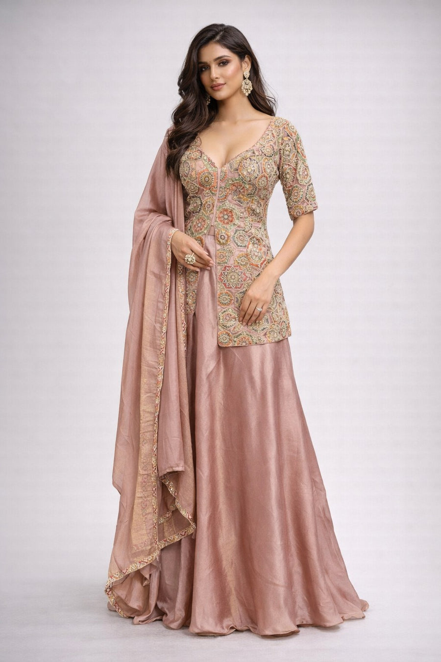 Dusty Rose Embroidered Peplum & Silk Skirt Set