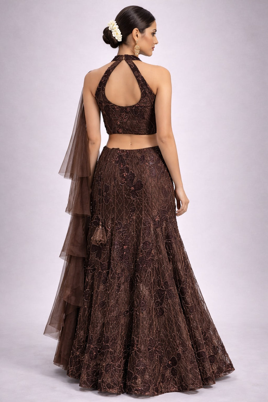 Chocolate Brown Embellished Halter Lehenga Set