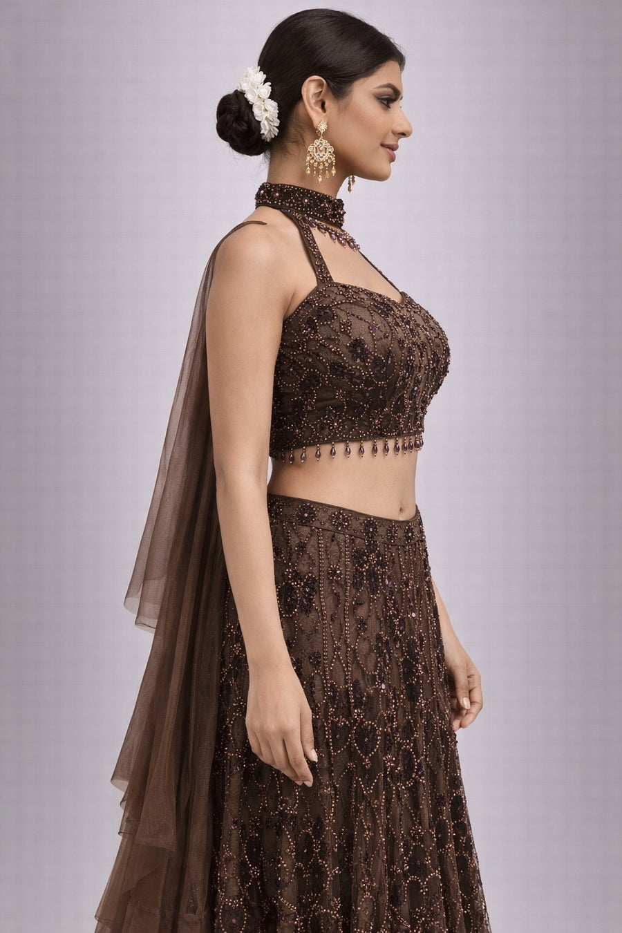 Chocolate Brown Embellished Halter Lehenga Set