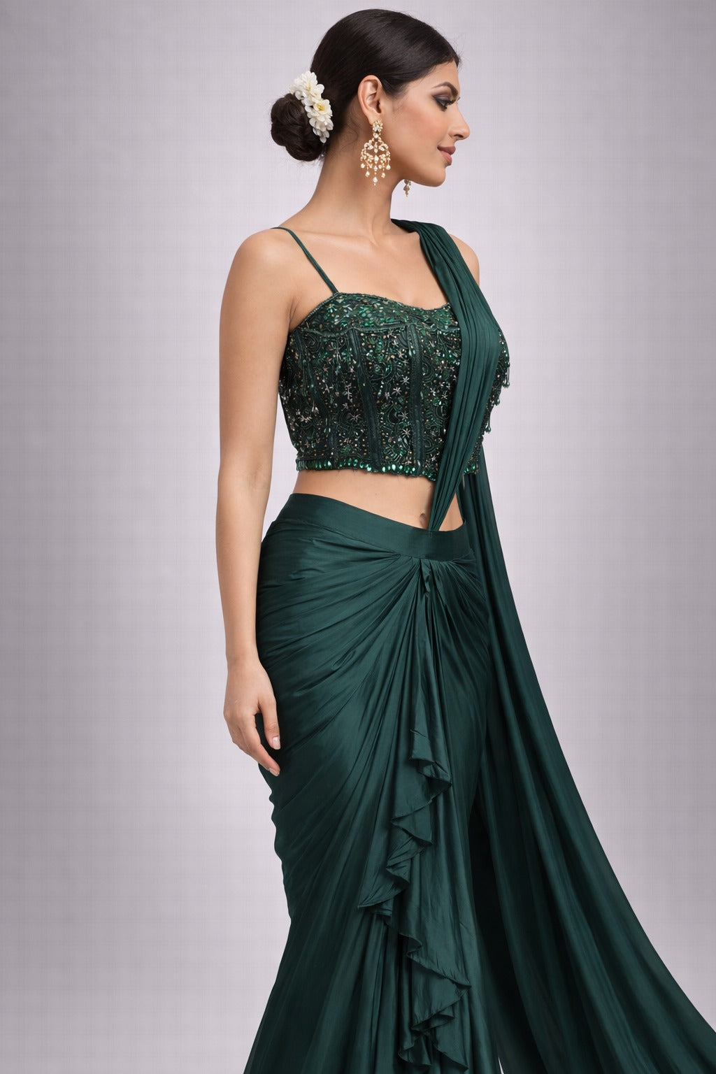 Bottle green drape saree
