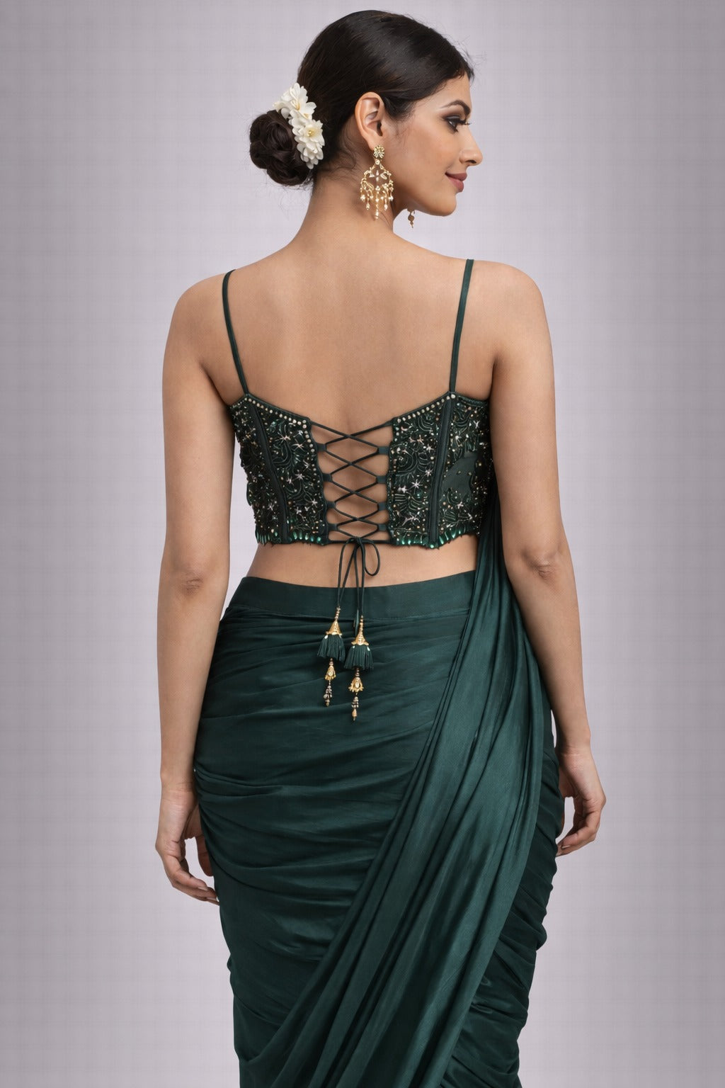 Bottle green drape saree