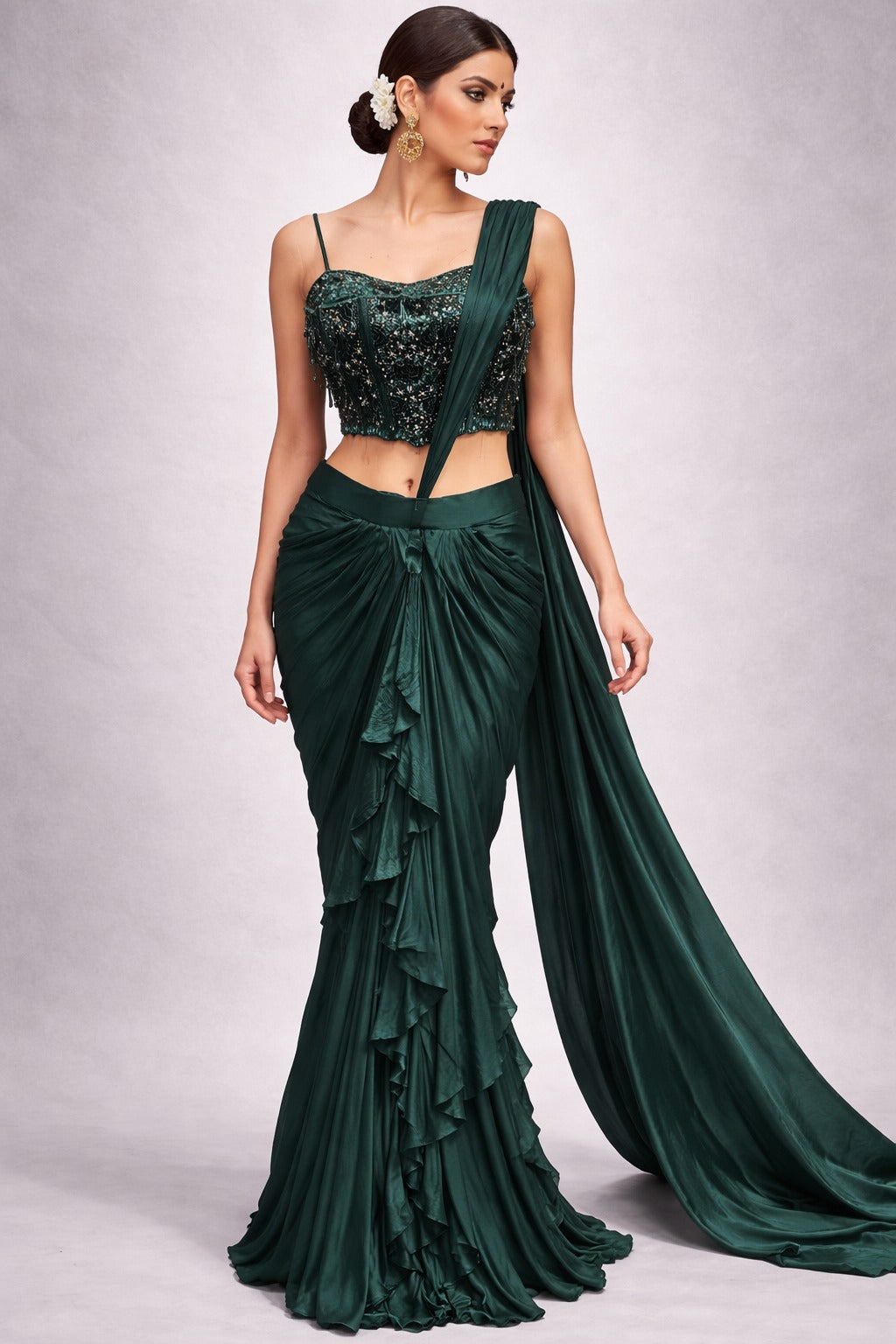 Bottle green drape saree