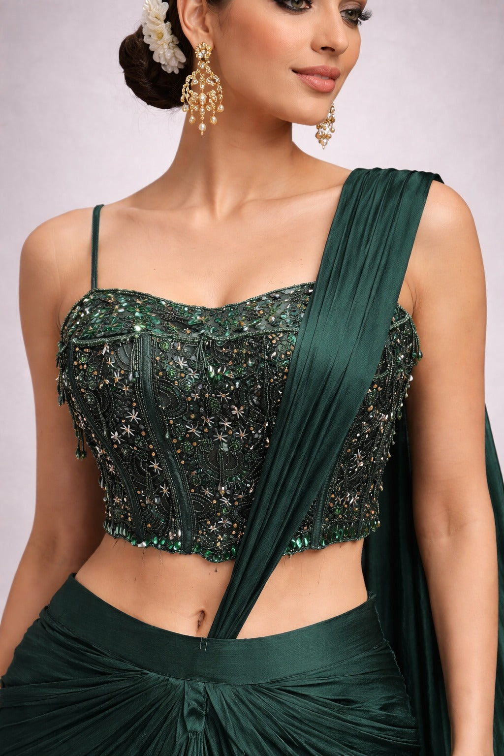 Bottle green drape saree