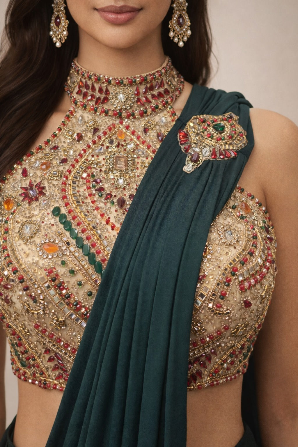 bottle green drape saree