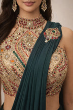 bottle green drape saree