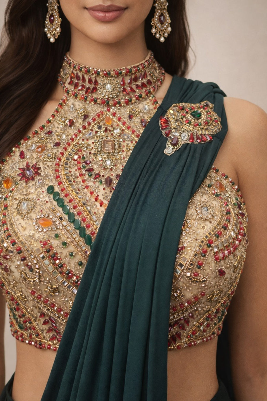 bottle green drape saree