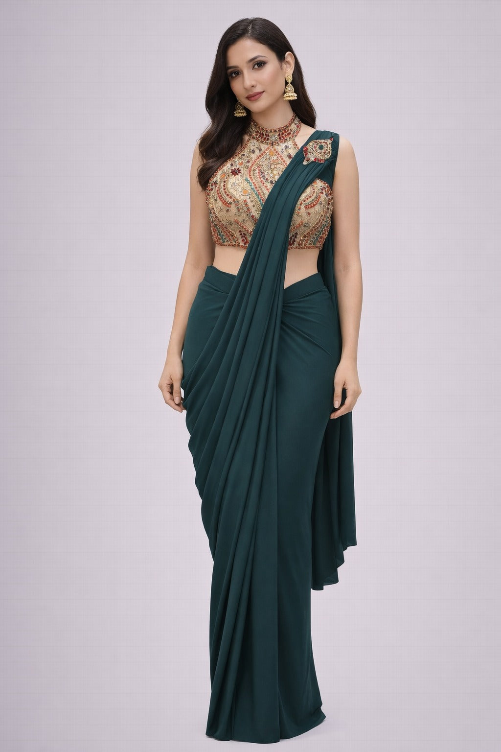 bottle green drape saree