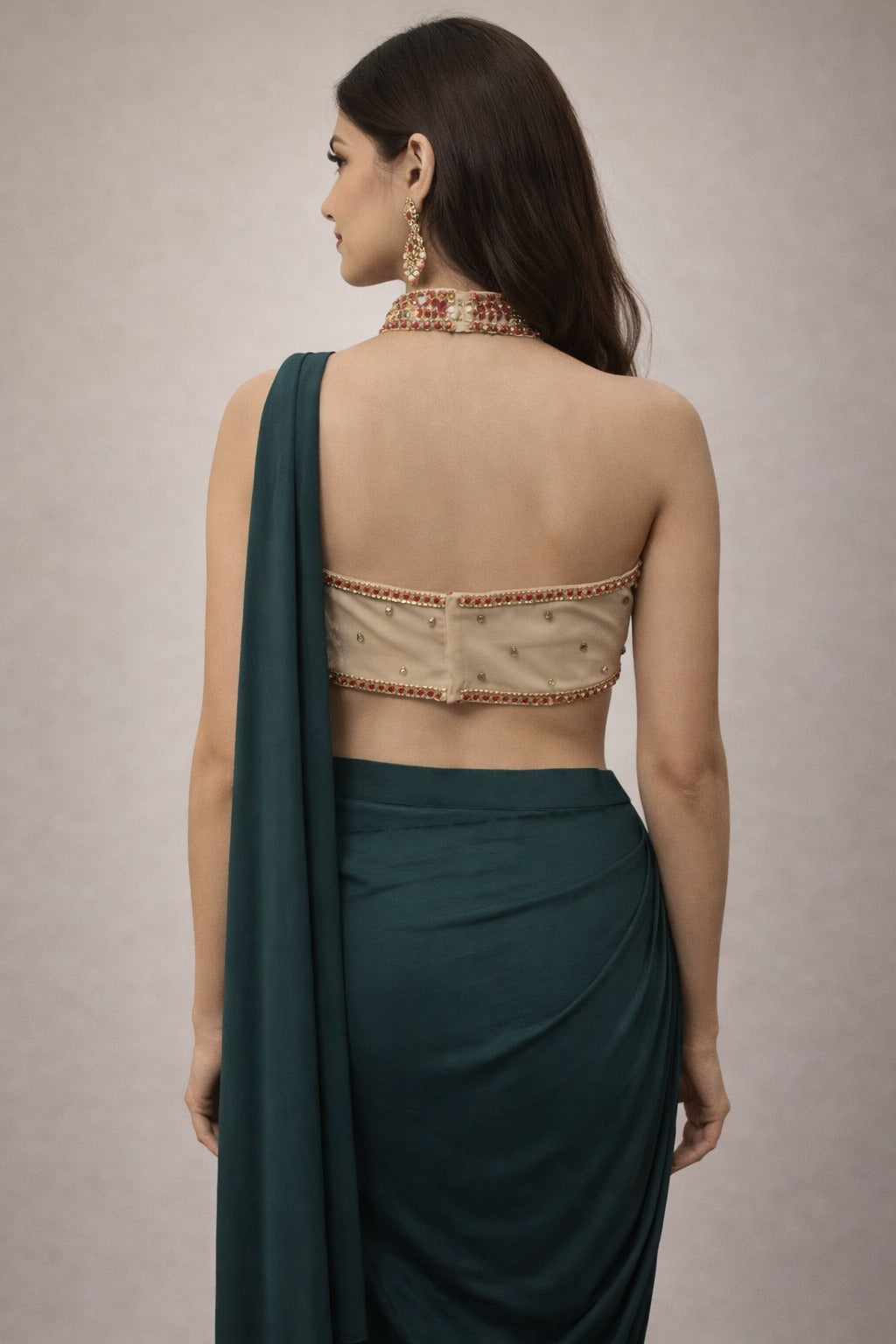 bottle green drape saree