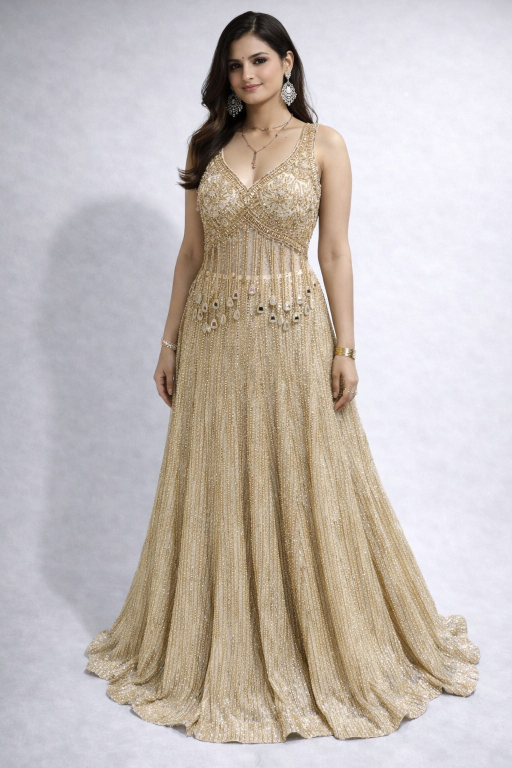 golden lehanga front pose