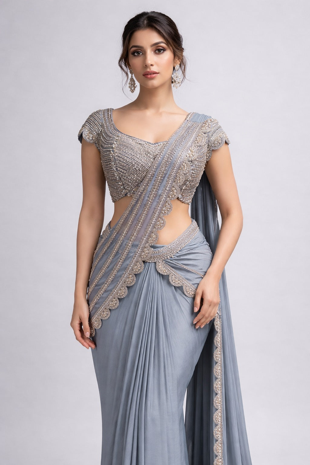 Grey Embellished Drape Saree with Designer Blouse