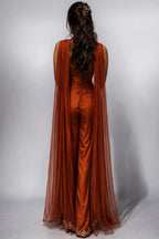 rust-colored jumpsuit