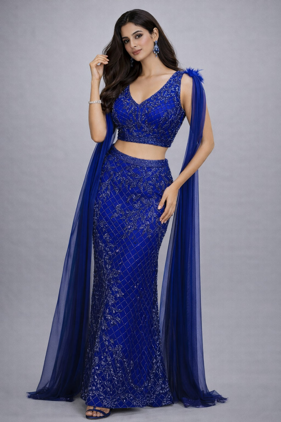 Blue Glam Fish Cut Lehenga Set