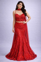 red sequins lehanga