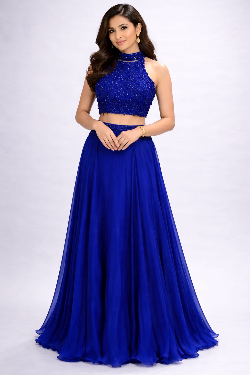 Embellished Crop Top with Flared Skirt Set